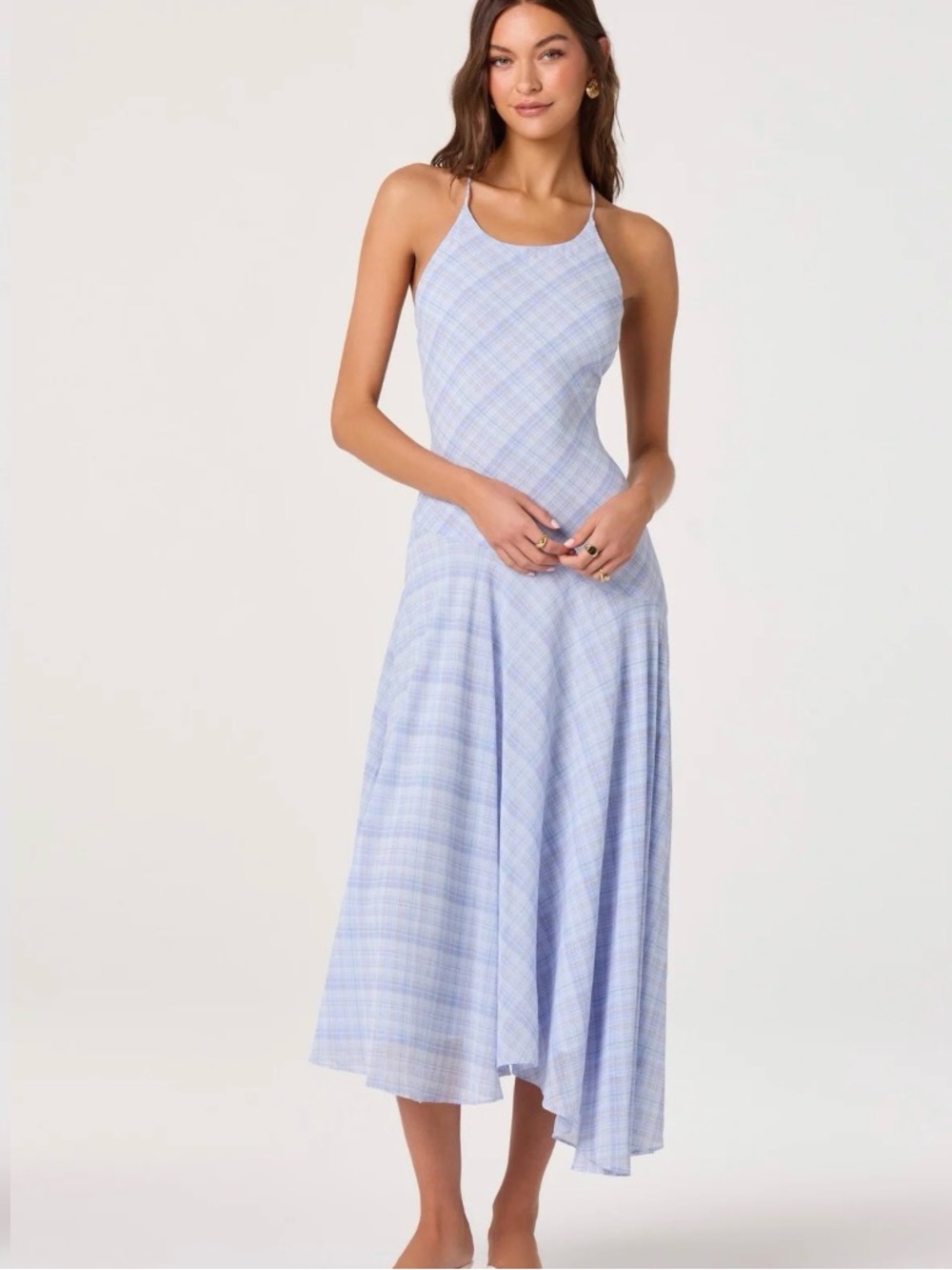 Astr Pastel Blue Plaid Midi Dress